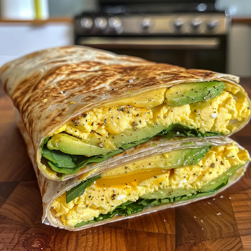 A close-up side view of a juicy egg wrap filled with eggs, avocado, and greens.