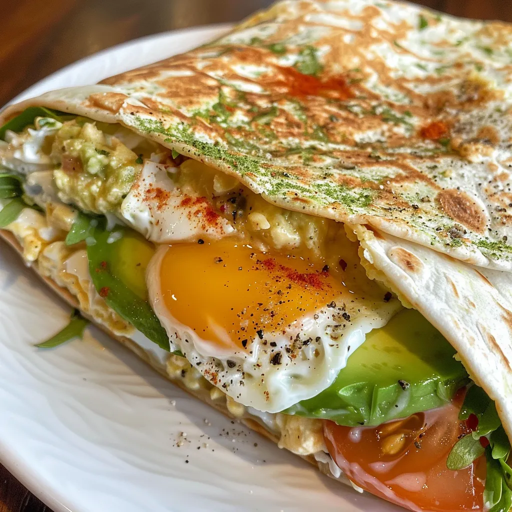 An appetizing egg wrap showing the filling of eggs, cheese, and arugula in a tortilla.