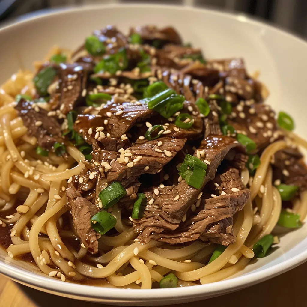 Close-up view of a delicious garlic beef noodle bowl with fresh herbs and sauces.