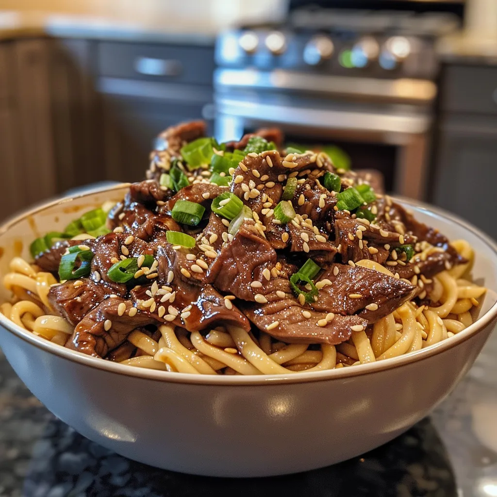 Juicy slices of beef atop a bed of noodles, garnished with green onions and sesame seeds.