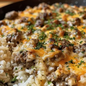 A close-up side view of a skillet filled with garlic butter beef and rice, topped with melted cheddar and parmesan cheese.
