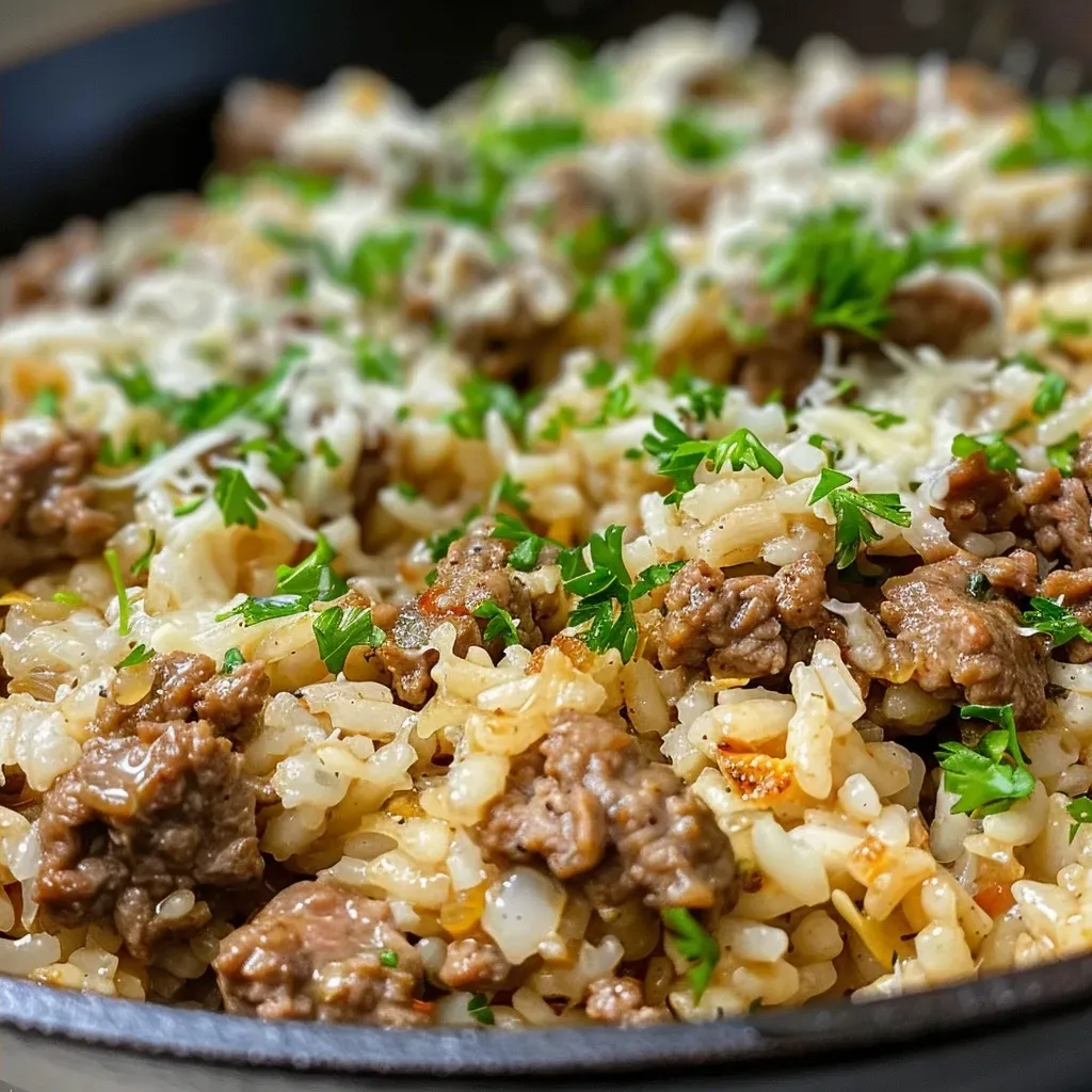 Juicy garlic butter beef and rice in a skillet, with a creamy cheese sauce and fresh parsley garnish.