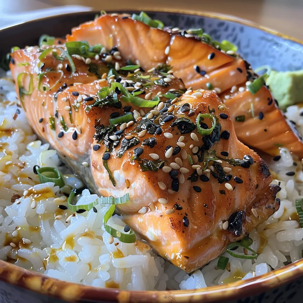 Juicy salmon fillet atop fluffy rice, garnished with green onions and sesame seeds.