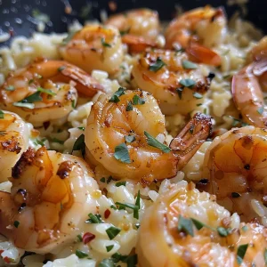 Close-up of garlic butter shrimp served over creamy parmesan rice.