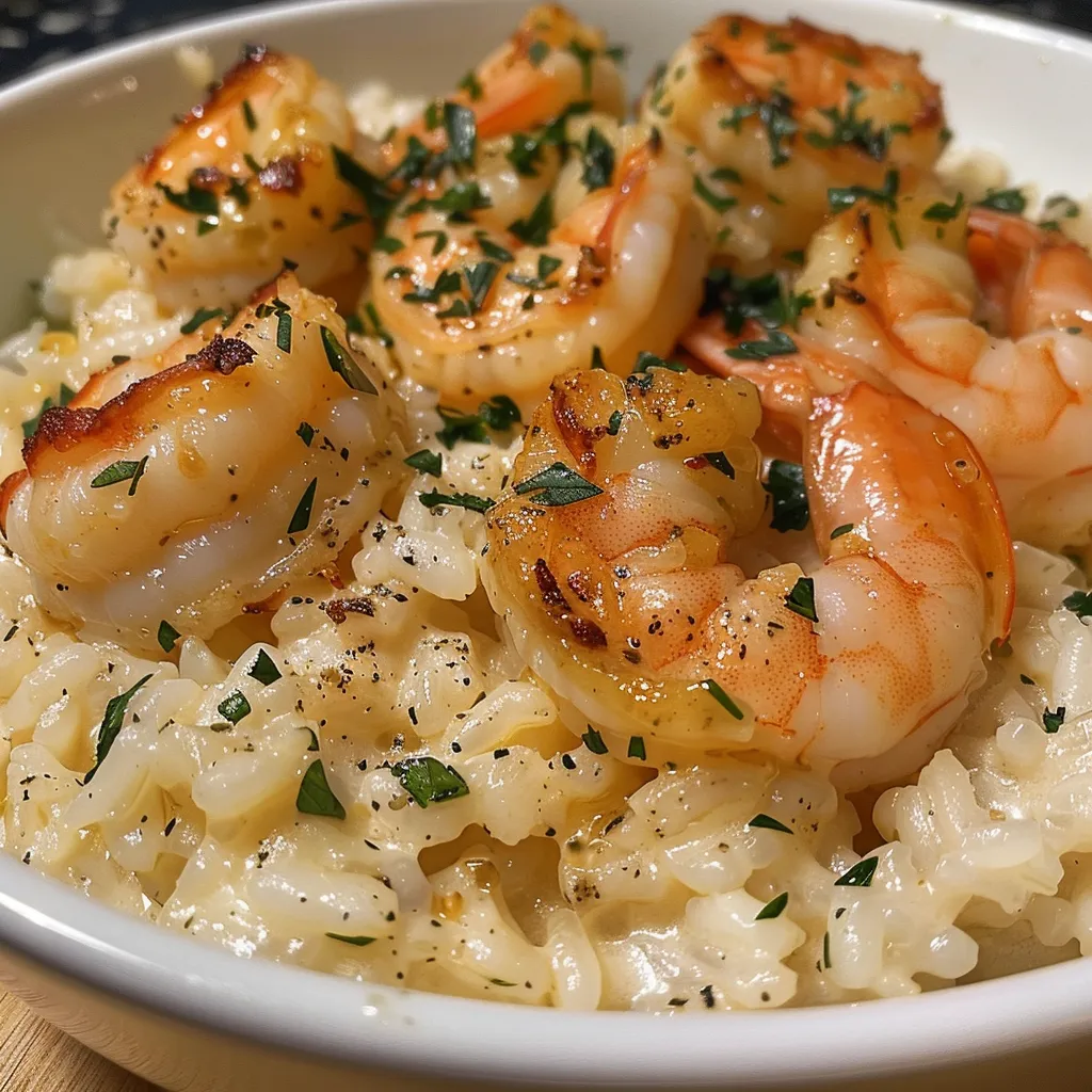Juicy shrimp glistening in garlic butter on a bed of creamy rice.
