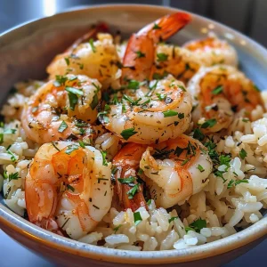 Close-up of garlic butter shrimp served over rice, garnished with chopped parsley.
