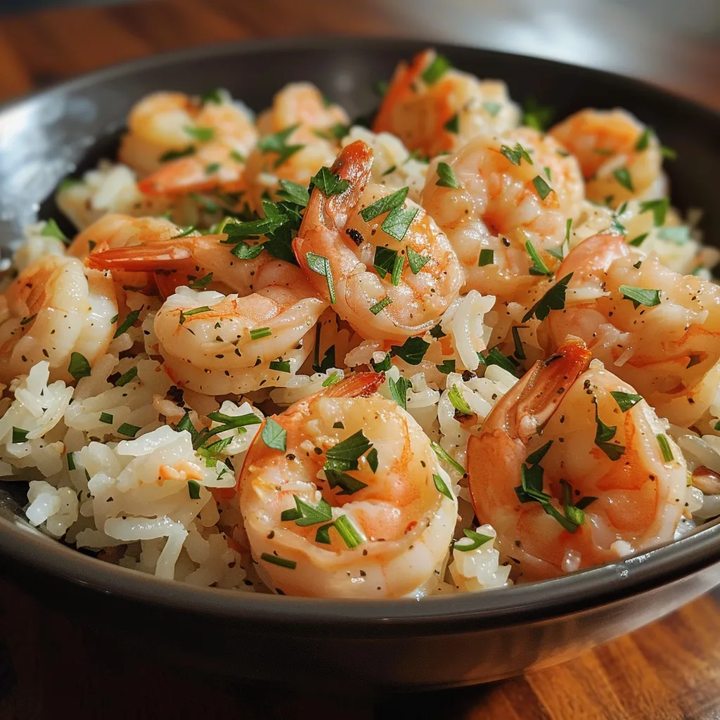 Juicy shrimp in a buttery garlic sauce atop a bed of fluffy rice.