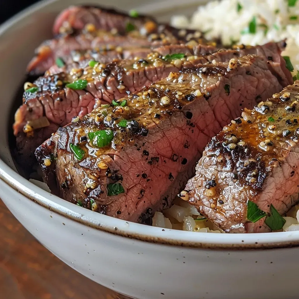['Close-up view of a Garlic Butter Steak & Rice Bowl with juicy steak slices and garnished rice.', 'Side view of a delicious Garlic Butter Steak & Rice Bowl featuring tender steak and aromatic herbs.', 'Juicy Garlic Butter Steak served over rice, showcasing vibrant garlic and parsley accents.', 'Detailed shot of a Garlic Butter Steak & Rice Bowl, highlighting the succulent steak and fluffy rice.']