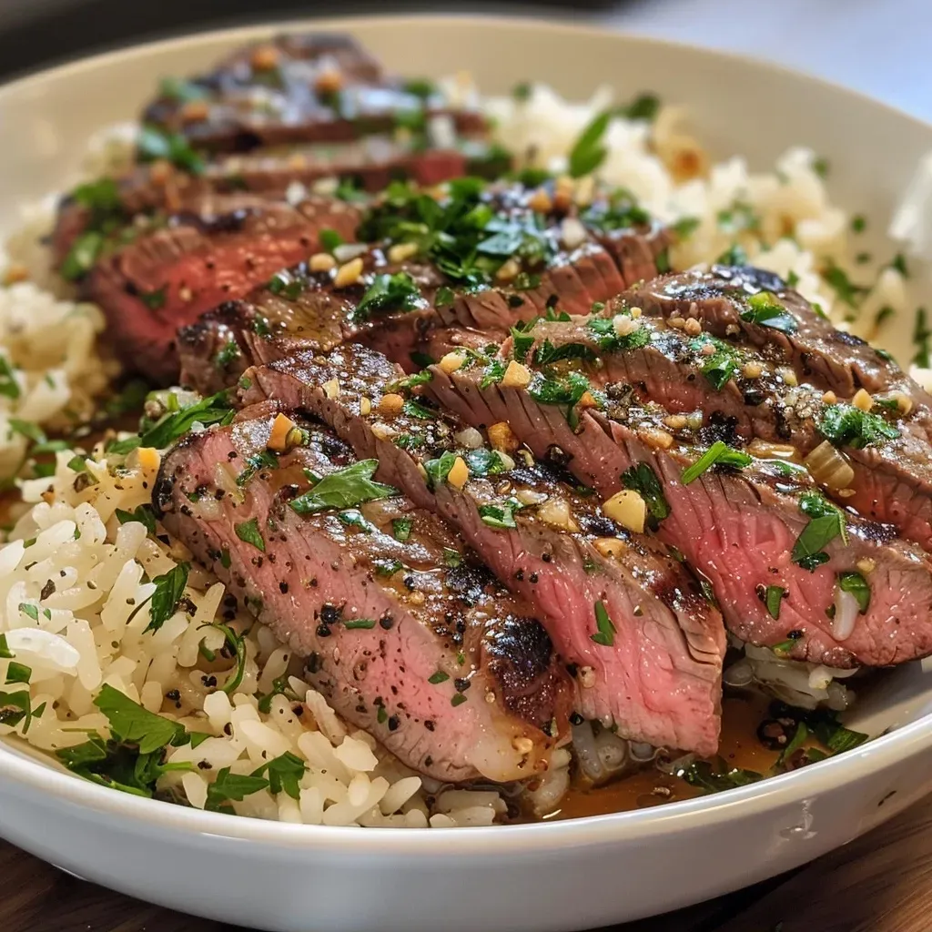 ['Close-up view of a Garlic Butter Steak & Rice Bowl with juicy steak slices and garnished rice.', 'Side view of a delicious Garlic Butter Steak & Rice Bowl featuring tender steak and aromatic herbs.', 'Juicy Garlic Butter Steak served over rice, showcasing vibrant garlic and parsley accents.', 'Detailed shot of a Garlic Butter Steak & Rice Bowl, highlighting the succulent steak and fluffy rice.']