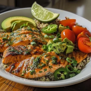 A close-up view of a bowl containing garlic herb salmon, quinoa, and colorful vegetables.