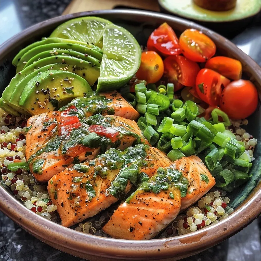 A side view of a vibrant salmon bowl with avocado, cherry tomatoes, and lime wedges.