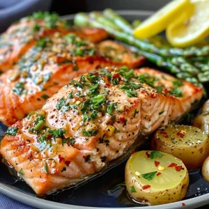 Close-up view of a plate featuring garlic herb salmon, roasted potatoes, and cheesy asparagus.