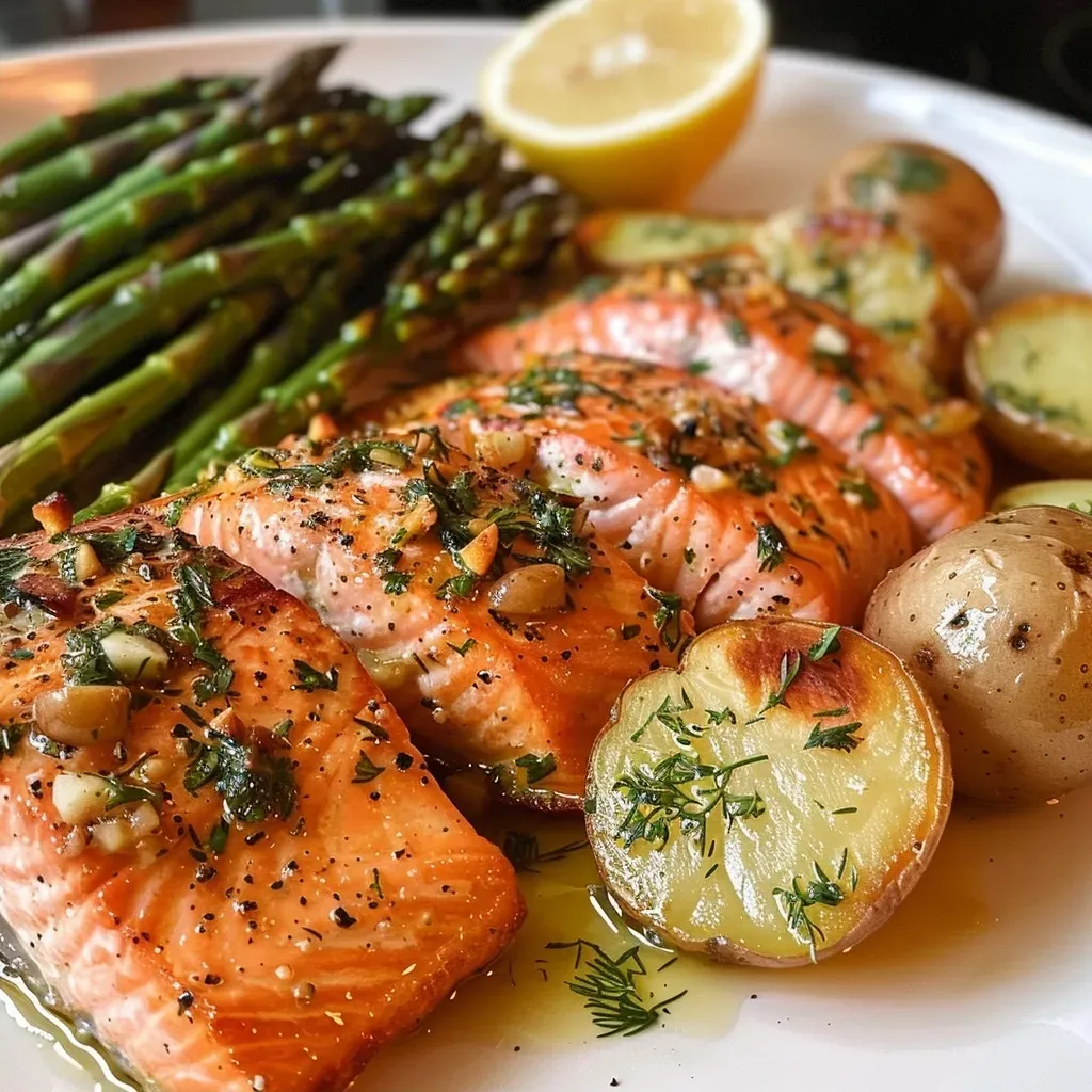 A side angle of a gourmet dish showcasing salmon with herbs, accompanied by roasted potatoes and asparagus.