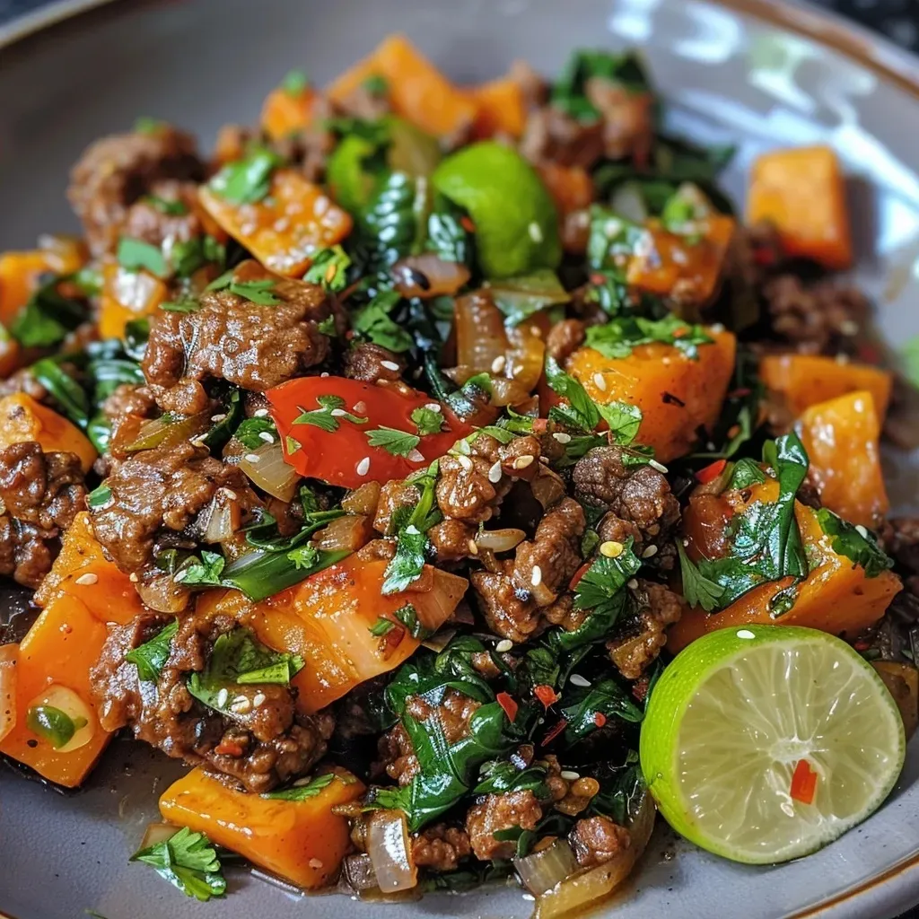 Close-up of Garlic Lime Beef featuring a vibrant mix of onions, red peppers, and spinach.
