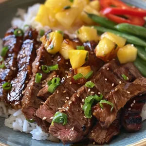A close-up view of grilled teriyaki beef slices on a plate, with pineapple rice and garnishes.
