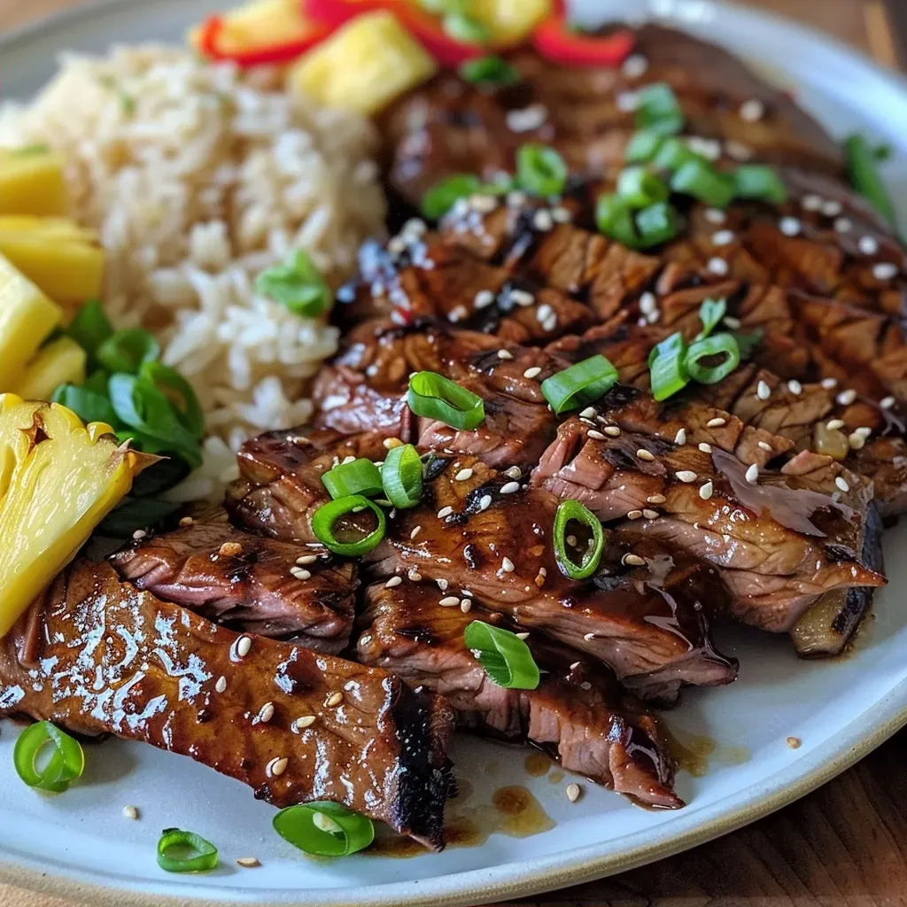 Juicy grilled Hawaiian teriyaki beef served with vibrant pineapple rice and green onions.