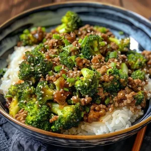 Close-up of a plate featuring Ground Beef and Broccoli with vibrant green broccoli and juicy beef.