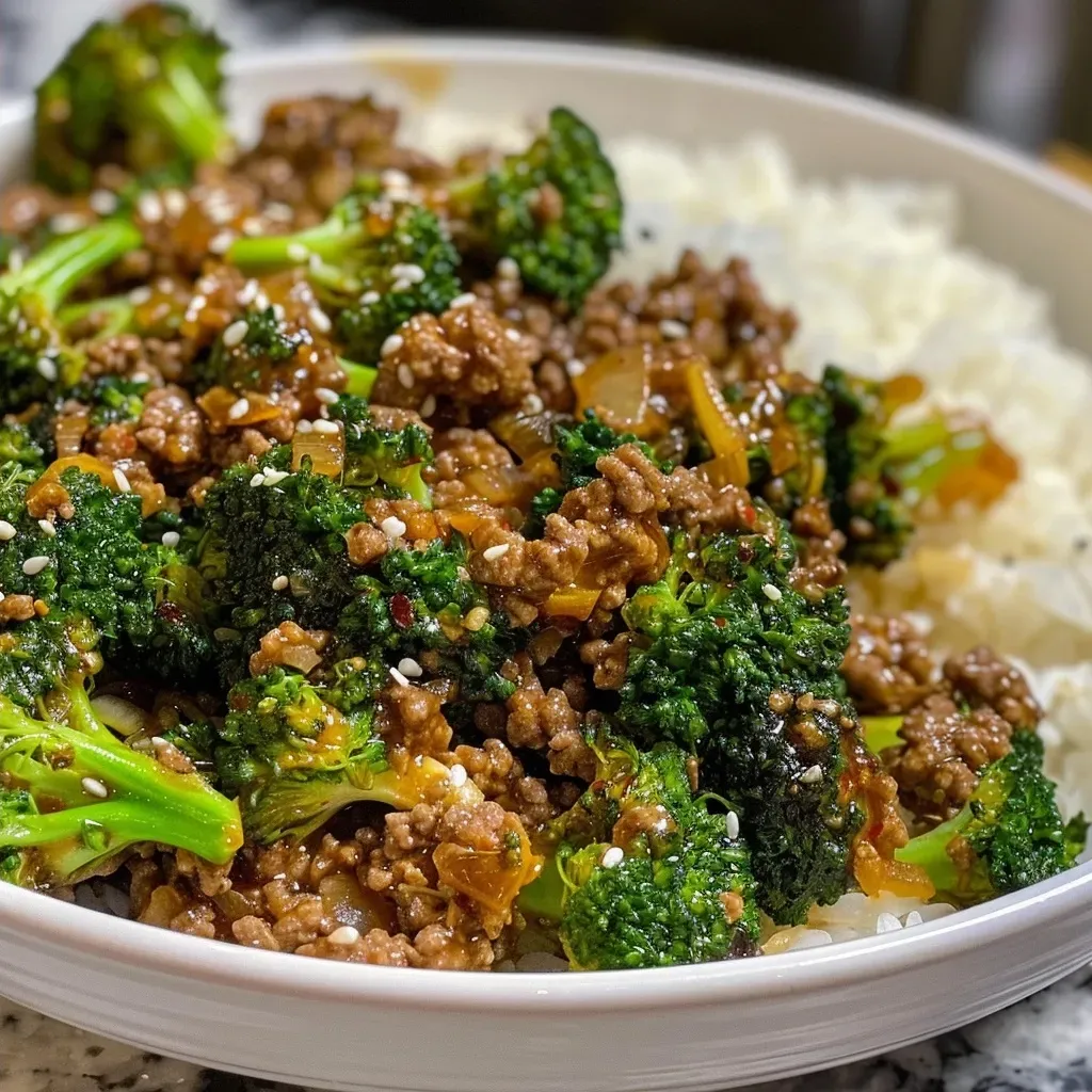 Side view of Ground Beef and Broccoli dish, showcasing glossy beef and bright broccoli florets.
