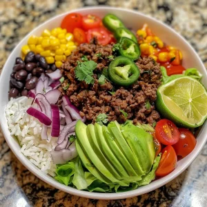 Close-up view of a ground beef burrito bowl with vibrant ingredients.