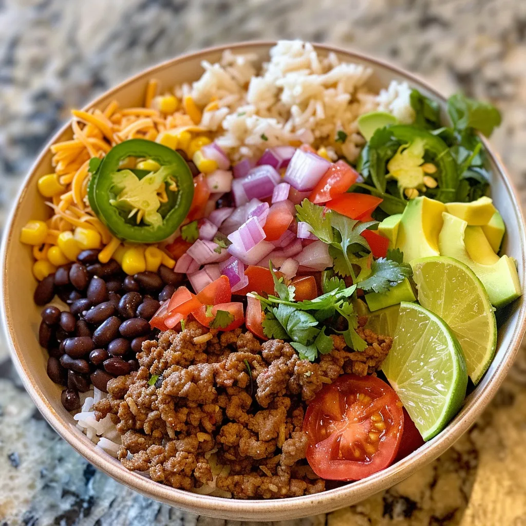 Side view of a delicious ground beef burrito bowl filled with colorful toppings.