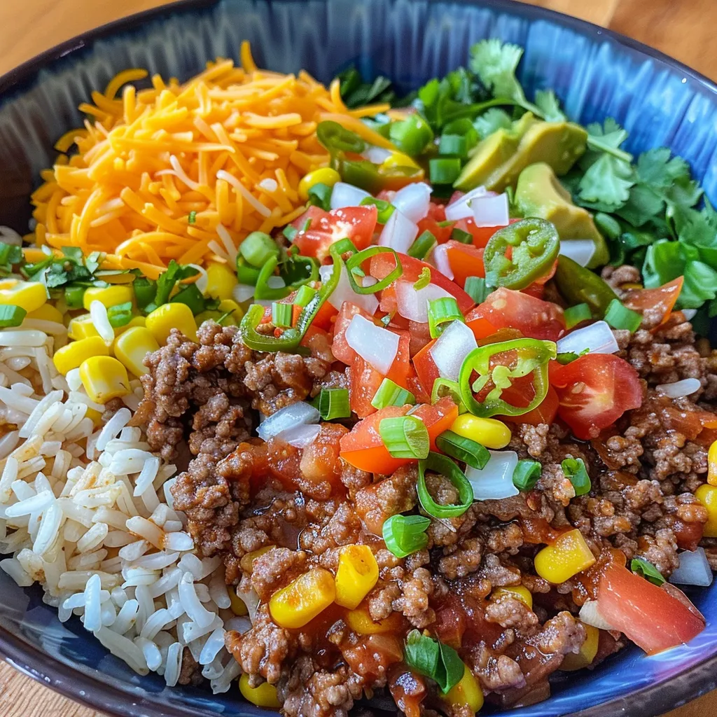 Side view showcasing a delicious Ground Beef Taco Bowl filled with ingredients.