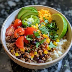 Close-up view of a Ground Beef Taco Rice Bowl topped with avocado and cherry tomatoes.