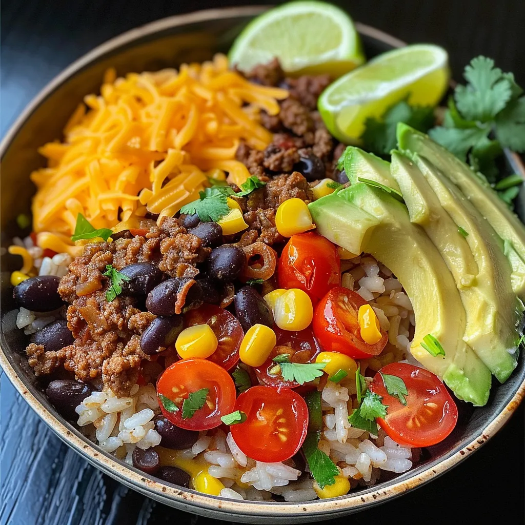 Side angle of a delicious taco rice bowl featuring ground beef, cheese, and cilantro.