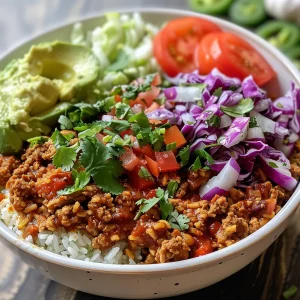 A close-up view of vibrant and colorful Ground Chicken Taco Bowls filled with rice, ground chicken, and fresh toppings.