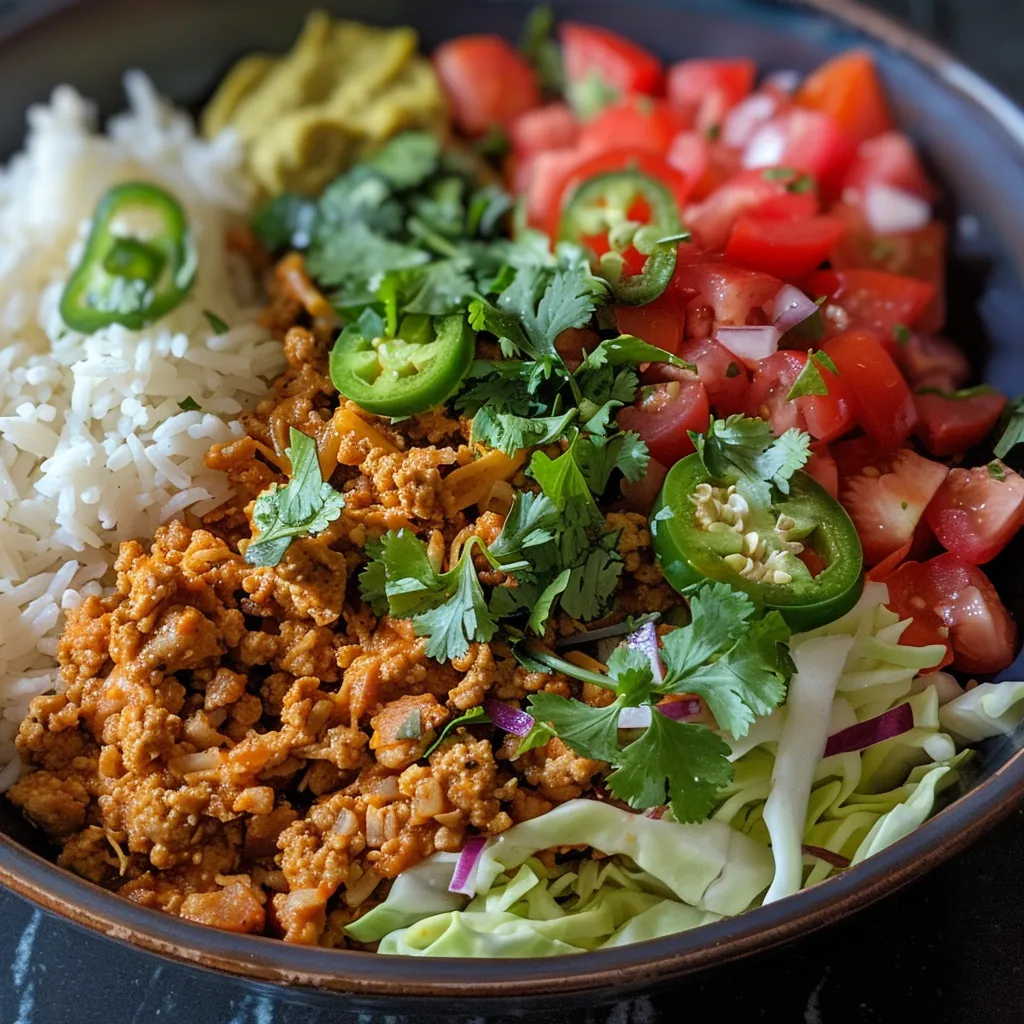 Juicy Ground Chicken Taco Bowls featuring shredded cabbage, diced tomatoes, and garnished with cilantro.