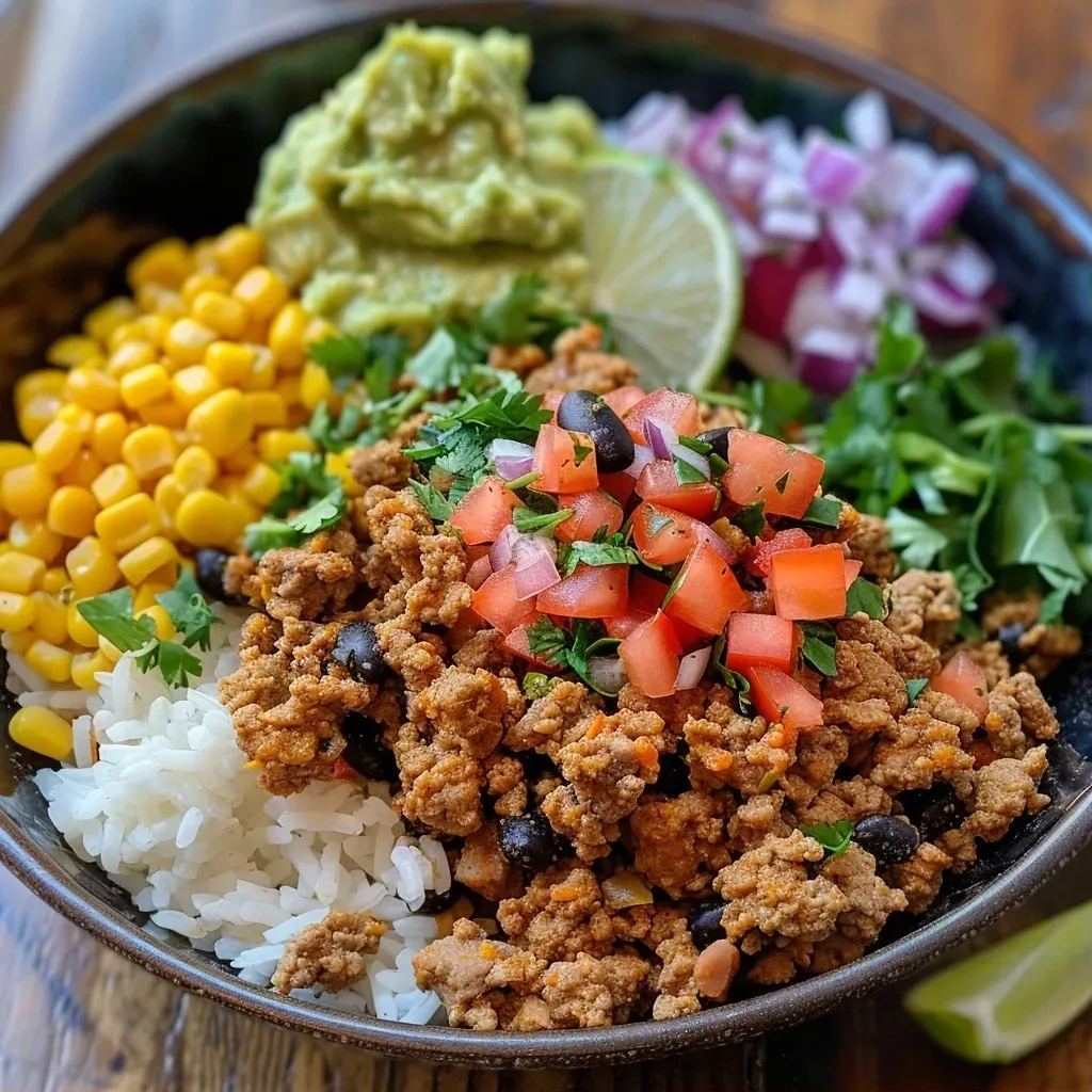 ['Close-up view of a delicious Ground Turkey Rice Bowl, showcasing rice, ground turkey, and colorful toppings.', 'Side view of a hearty Ground Turkey Rice Bowl filled with fresh ingredients and garnished with lime and cilantro.', 'Juicy Ground Turkey Rice Bowl highlighting vibrant layers of rice, ground turkey, and vegetables in a bowl.', 'An appetizing Ground Turkey Rice Bowl featuring cooked rice, ground turkey, and topped with guacamole and cheese.']