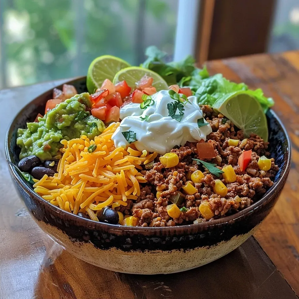['Close-up view of a delicious Ground Turkey Rice Bowl, showcasing rice, ground turkey, and colorful toppings.', 'Side view of a hearty Ground Turkey Rice Bowl filled with fresh ingredients and garnished with lime and cilantro.', 'Juicy Ground Turkey Rice Bowl highlighting vibrant layers of rice, ground turkey, and vegetables in a bowl.', 'An appetizing Ground Turkey Rice Bowl featuring cooked rice, ground turkey, and topped with guacamole and cheese.']