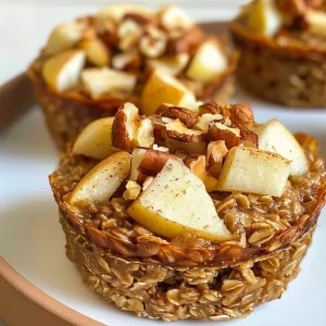 Close-up view of baked apple cinnamon oatmeal cups, showcasing their golden-brown tops and diced apple pieces.