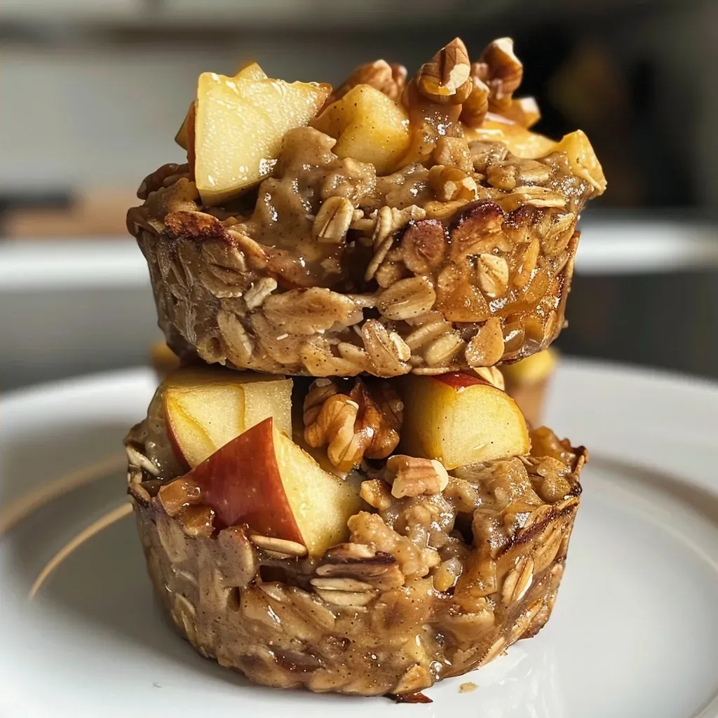 Side angle of healthy oatmeal cups filled with apple chunks and sprinkled with cinnamon, presented on a light surface.