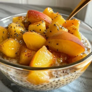 Close-up of creamy chia pudding topped with diced peaches and a drizzle of honey.