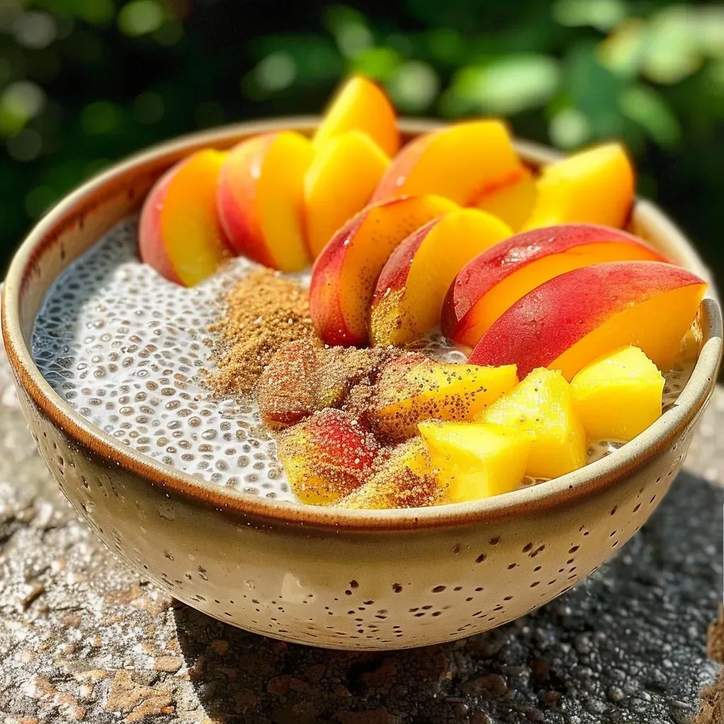 Side view of a jar filled with chia pudding, showcasing fresh peach pieces and a sprinkle of cinnamon.