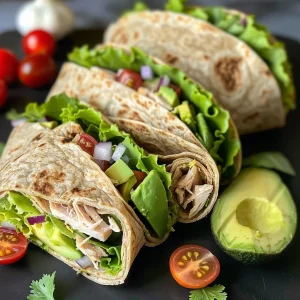 A healthy turkey avocado wrap with colorful layers of turkey, avocado, lettuce, and cherry tomatoes.
