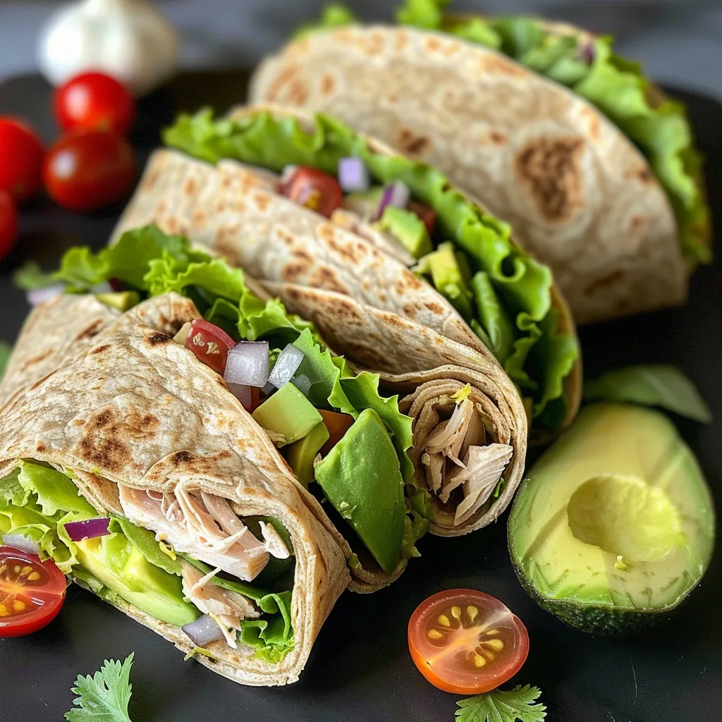 A healthy turkey avocado wrap with colorful layers of turkey, avocado, lettuce, and cherry tomatoes.