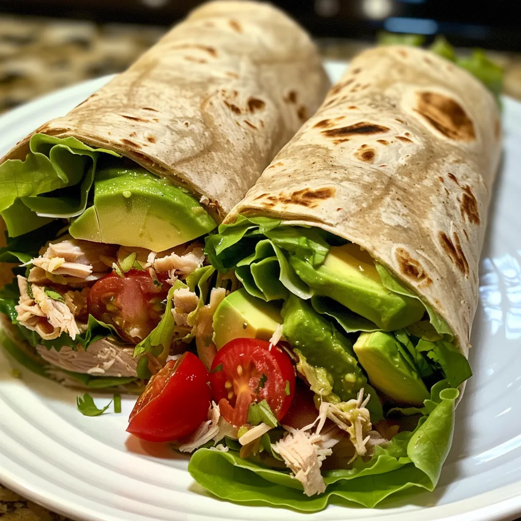 Close-up view of a delicious turkey avocado wrap, showcasing fresh ingredients and vibrant colors.