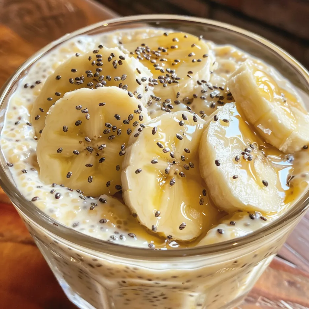 Close-up view of creamy banana chia honey milk pudding topped with chia seeds.