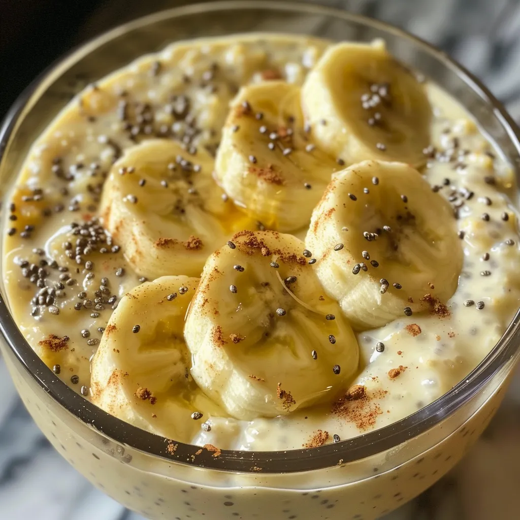 Side angle of high-protein banana chia pudding in a clear glass, showcasing its texture.