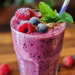 Close-up view of a vibrant berry smoothie garnished with fresh berries.