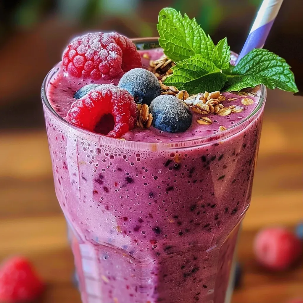 Close-up view of a vibrant berry smoothie garnished with fresh berries.