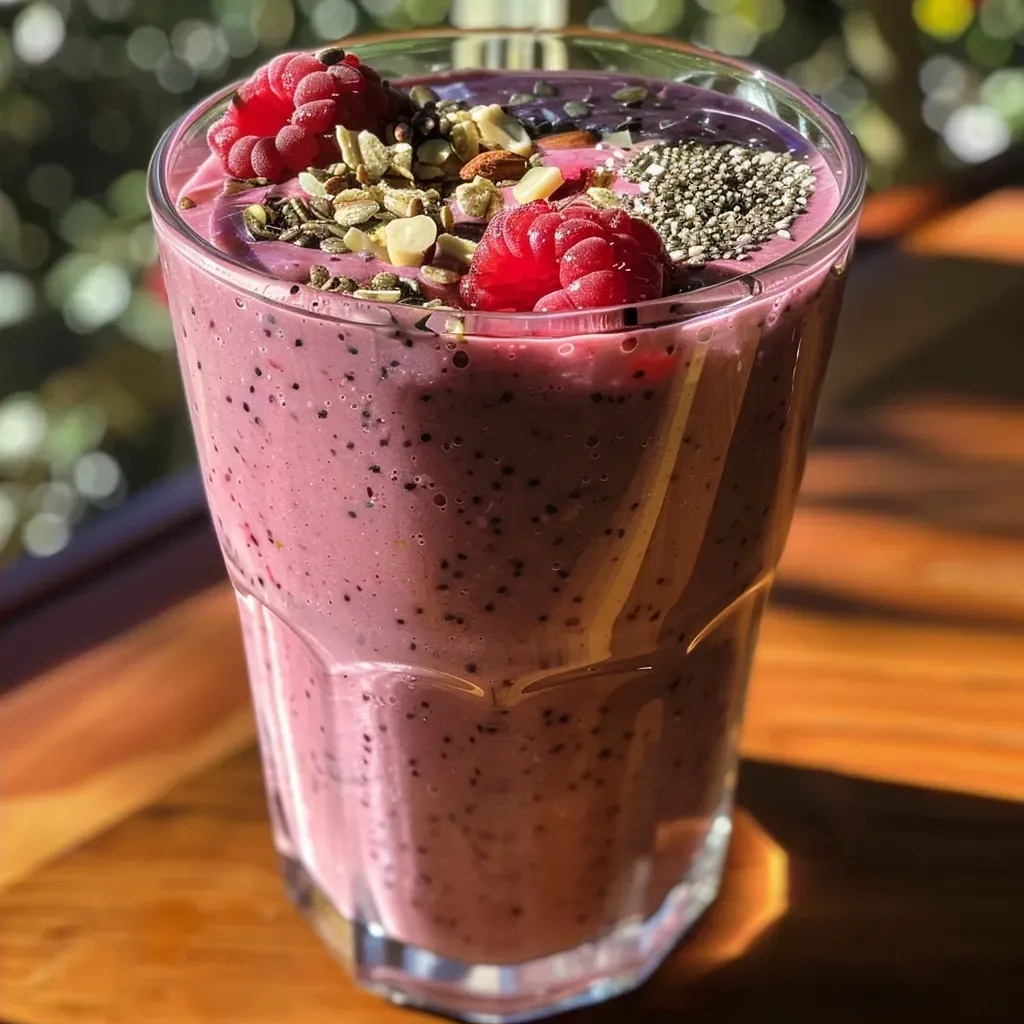 Side profile of a creamy high protein berry smoothie in a glass.