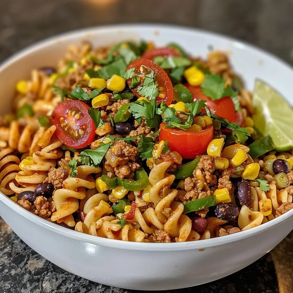 Close-up view of a vibrant High Protein Taco Pasta Salad with ingredients visible.