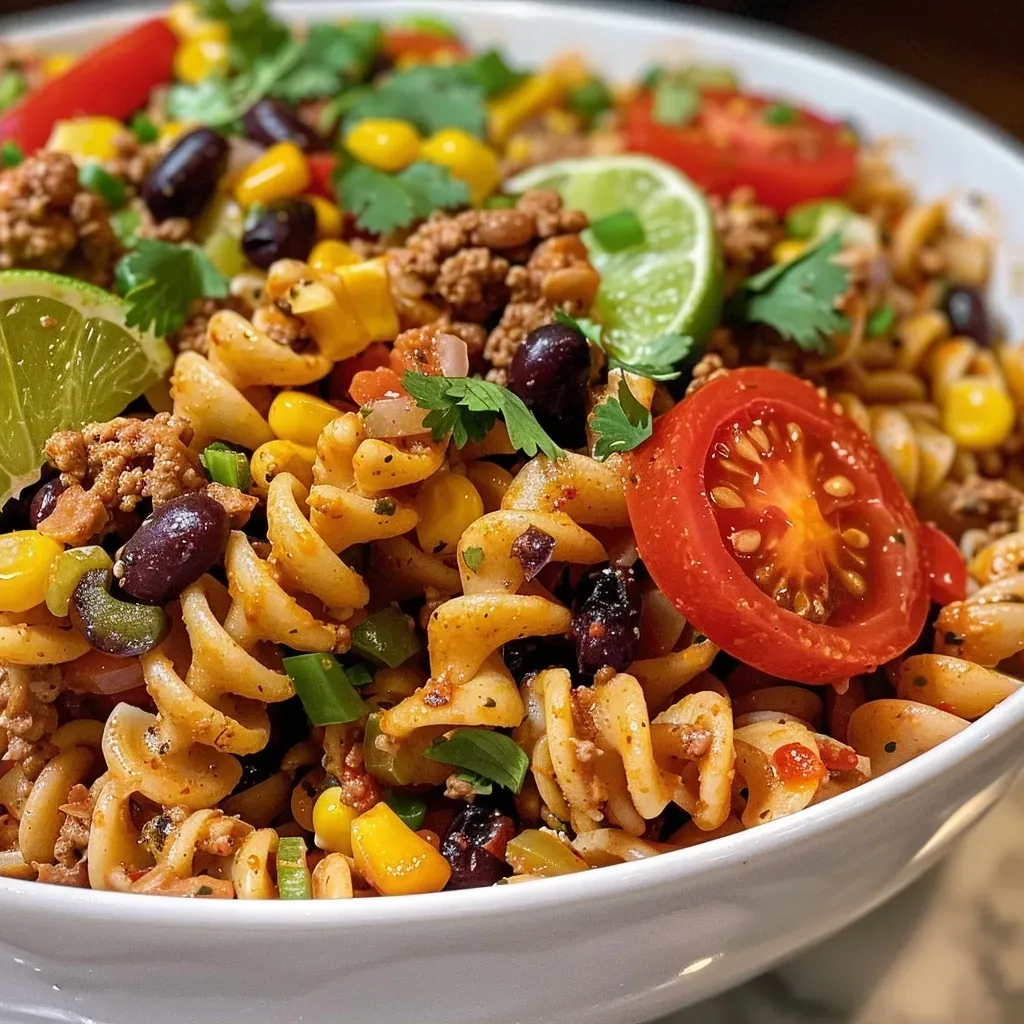 Side view of a colorful bowl of High Protein Taco Pasta Salad showcasing various ingredients.
