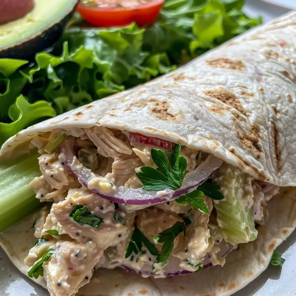 ['Close-up view of a high-protein tuna salad wrap filled with fresh ingredients.', 'Side view of a delicious tuna salad wrap showcasing vibrant vegetables and creamy filling.', 'Juicy tuna salad wrap with layers of greens, tomato, and avocado, presented in a tortilla.', 'High-protein tuna salad wrap prepared with whole wheat tortillas and colorful ingredients.']