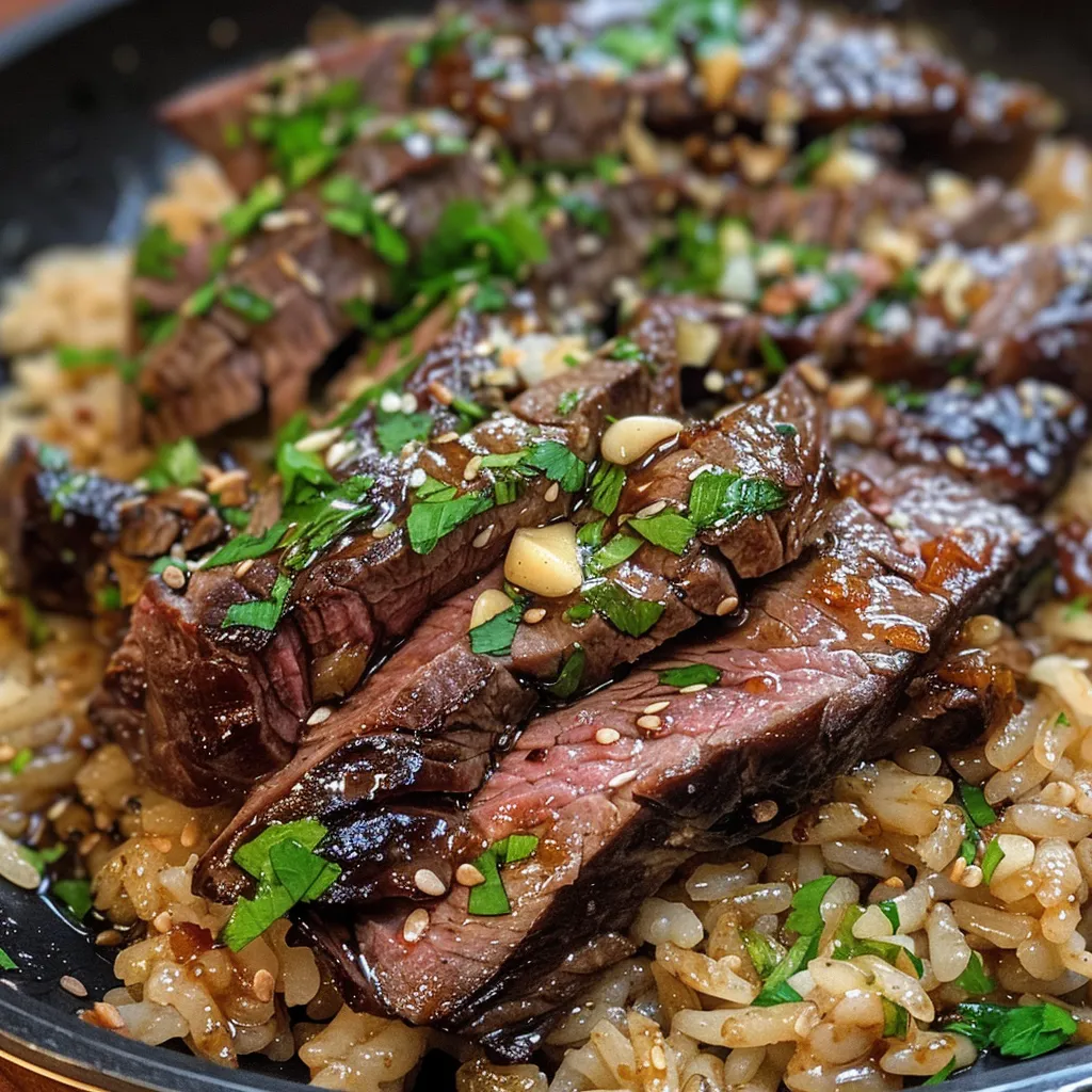 Side view of a Honey Garlic Butter Steak and Rice Skillet, featuring tender beef and glistening grains of rice.