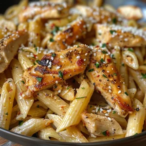 Close-up of a Honey Pepper Chicken Panini Pasta dish with penne pasta and garnished with parsley.