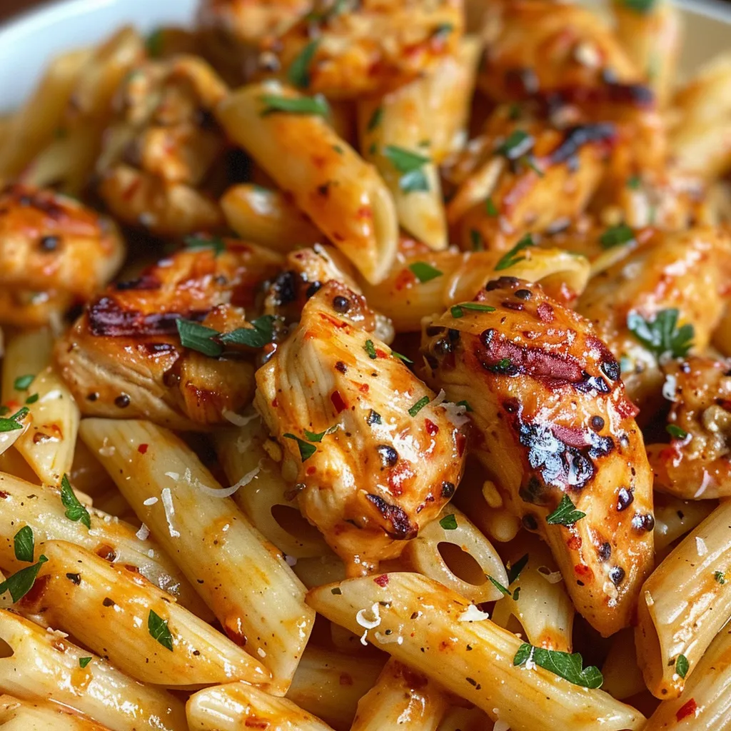 Side view of a creamy pasta dish, featuring chunks of chicken and a drizzle of honey.