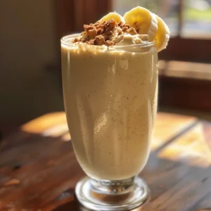 A creamy Honey Vanilla Protein Milkshake served in a glass, topped with a drizzle of honey.